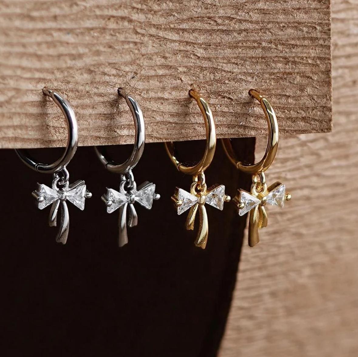 925 Sterling Silver Sparkle Bow 11mm Hoop Earrings