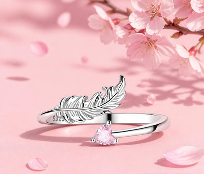 925 Sterling Silver Feather Heart Gem adjustable ring!