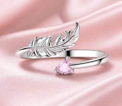 925 Sterling Silver Feather Heart Gem adjustable ring!