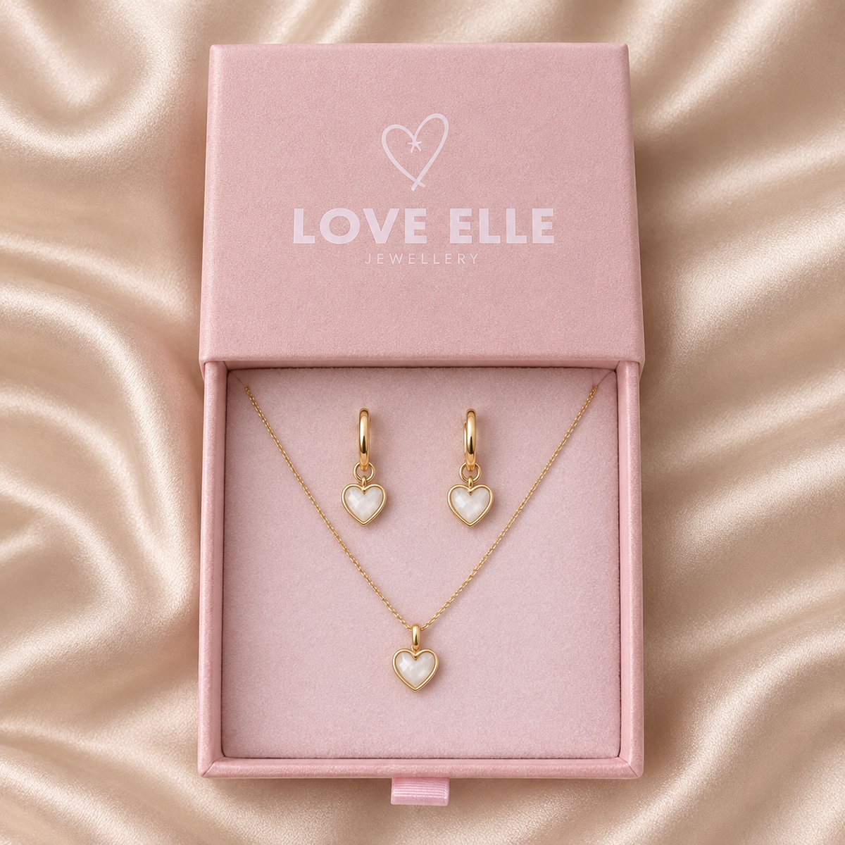 Jewellery Set - White Quartz Heart 18K Gold Plated Chain Necklace & matching Huggie hoop earrings - Wedding jewellery