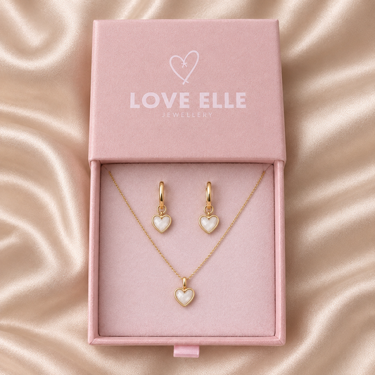 Jewellery Set - White Quartz Heart 18K Gold Plated Chain Necklace & matching Huggie hoop earrings - Wedding jewellery