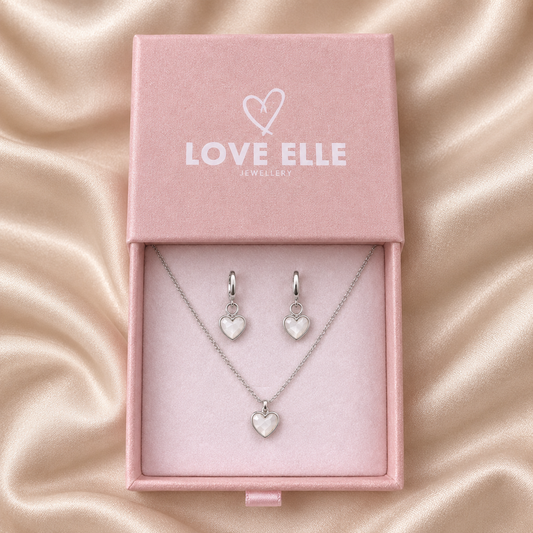Jewellery Set - White Quartz Heart 925 Sterling Silver plated Chain Necklace & matching Huggie hoop earrings - Wedding jewellery