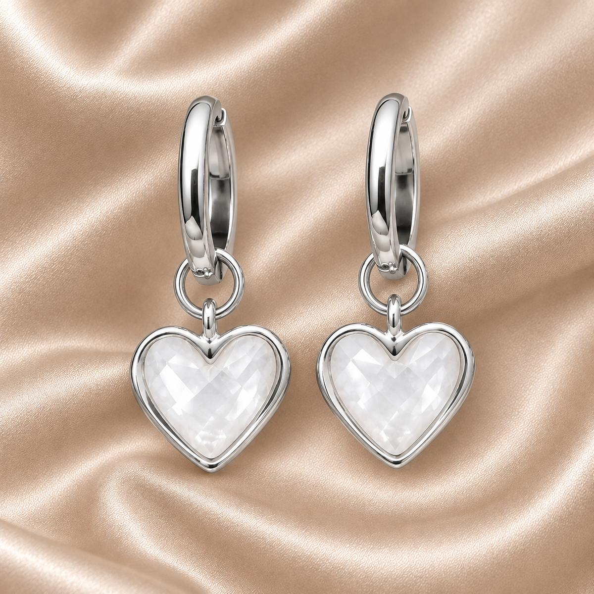 Jewellery Set - White Quartz Heart 925 Sterling Silver plated Chain Necklace & matching Huggie hoop earrings - Wedding jewellery
