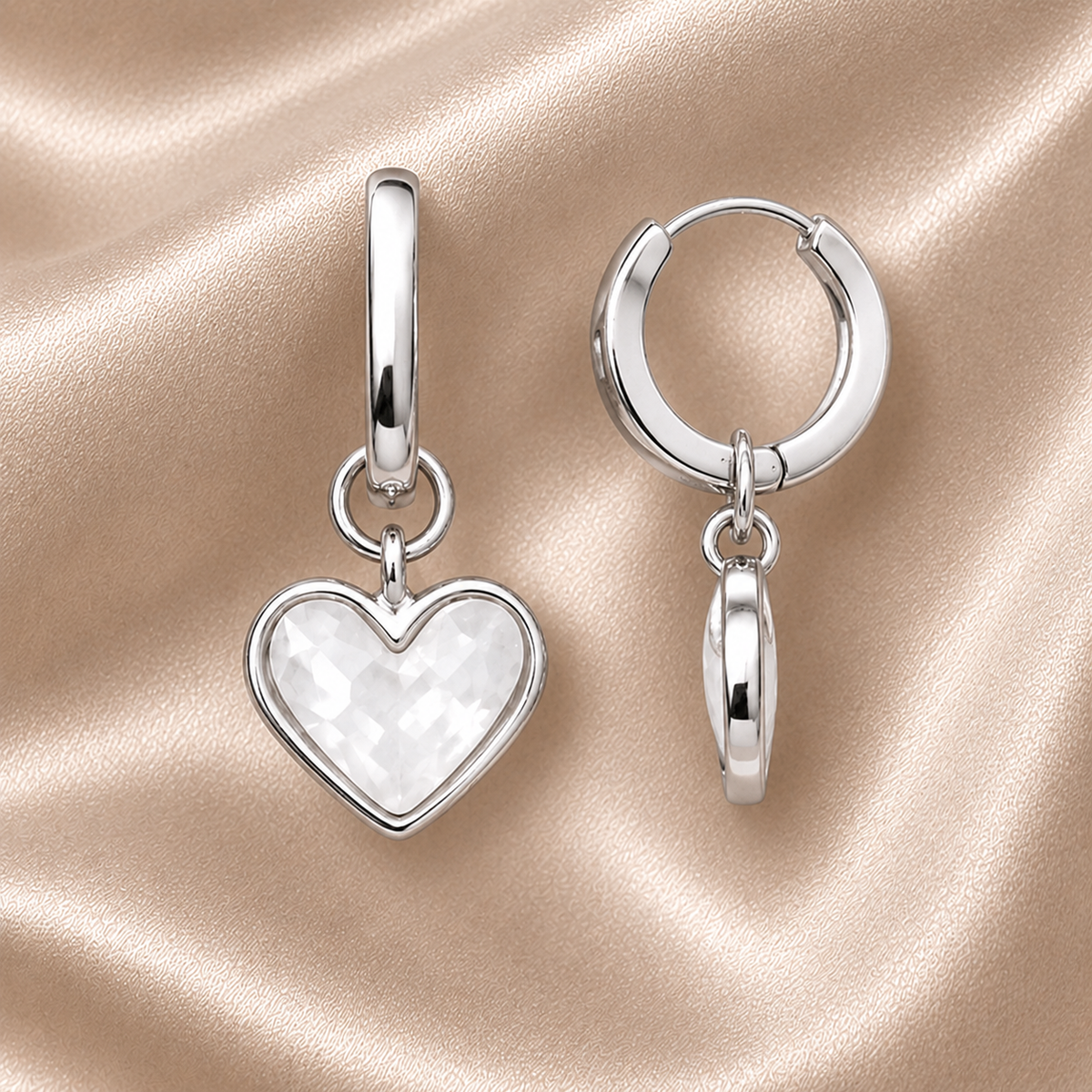 Jewellery Set - White Quartz Heart 925 Sterling Silver plated Chain Necklace & matching Huggie hoop earrings - Wedding jewellery