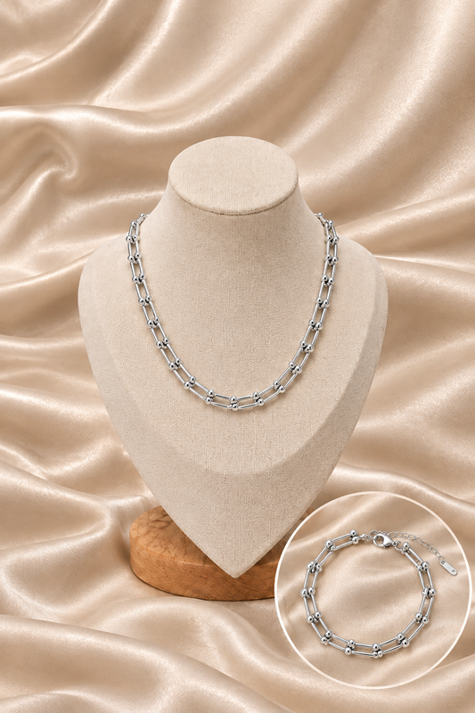 Silver Link Hardware Paperclip Chain Necklace & Bracelet Jewellery Set PVD coated waterproof