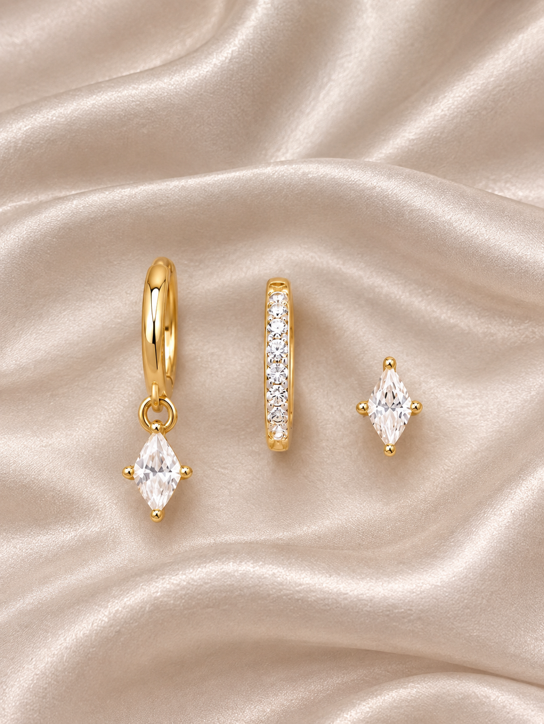Diamond Triple Stacking set - 18K Gold Plated Huggies hoops & stud 6 piece stacking set ~ cubic zirconia stone charm earrings