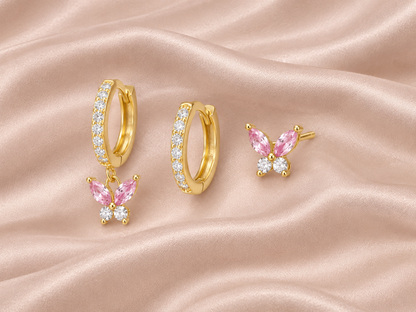 Pink Butterfly Triple Stacking set - 18K Gold Plated Huggies hoops & stud 6 piece stacking set ~ cubic zirconia stone charm earrings