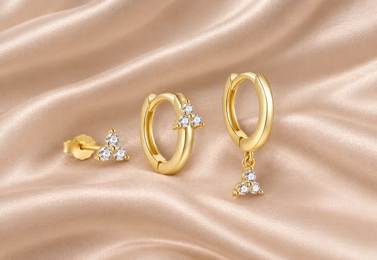 Triple Stacking set - 18K Gold Plated Huggies hoops & stud 6 piece stacking set ~ cubic zirconia stone charm earrings