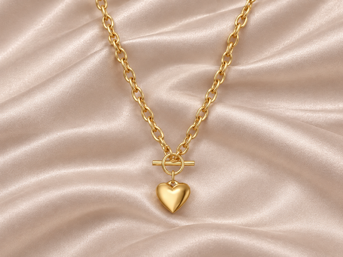 18K Gold Plated T-Bar Solid Heart Charm Waterproof Necklace Chain
