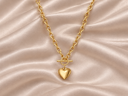 18K Gold Plated T-Bar Solid Heart Charm Waterproof Necklace Chain