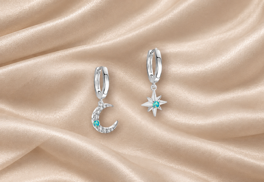 925 Sterling Silver Huggies hoop Moon & Star cubic zirconia turquoise opal stone charm Earrings dangly