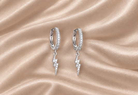 925 Sterling Silver Lightning Bolt Charm Huggies 11mm Hoop Cubic Zirconia Gem Earrings dangly