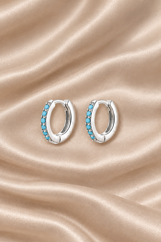 925 Sterling Silver Cubic Zirconia Turquoise Gem 11mm mini Hoop Earrings