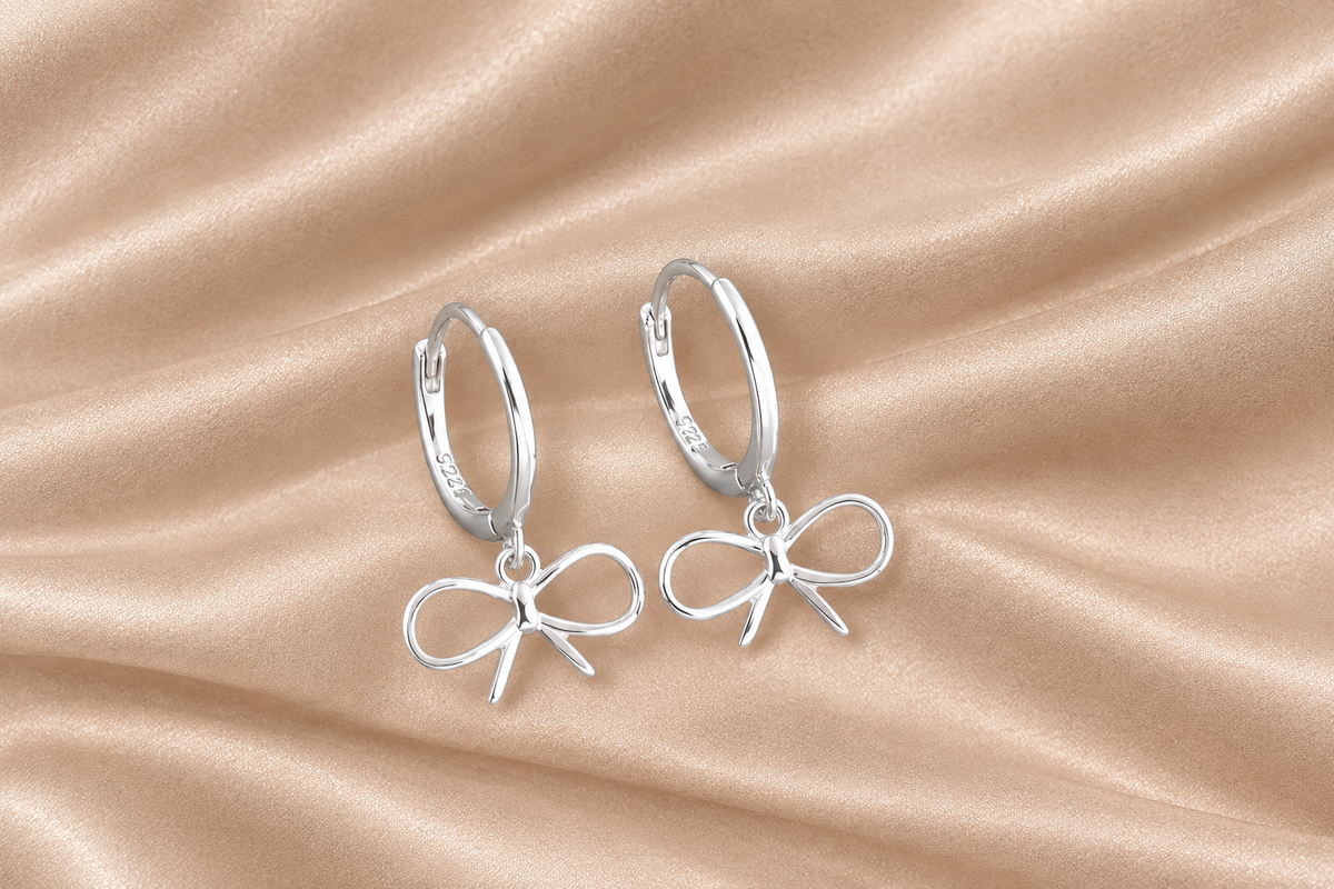 925 Sterling Silver Hoop Bow Charm Huggies earrings