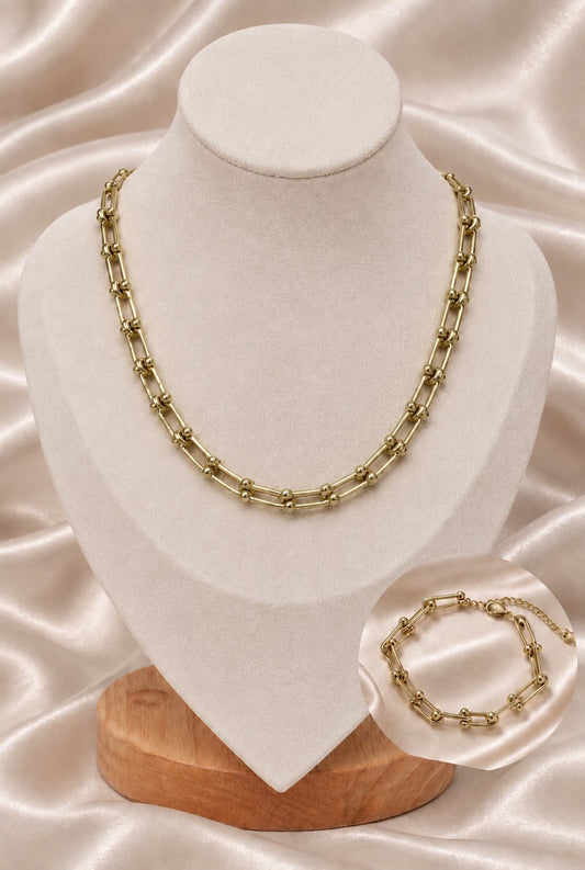 18K Gold Plated Link Hardware Paperclip Chain Necklace & Bracelet Jewellery Set Waterproof PVD coated