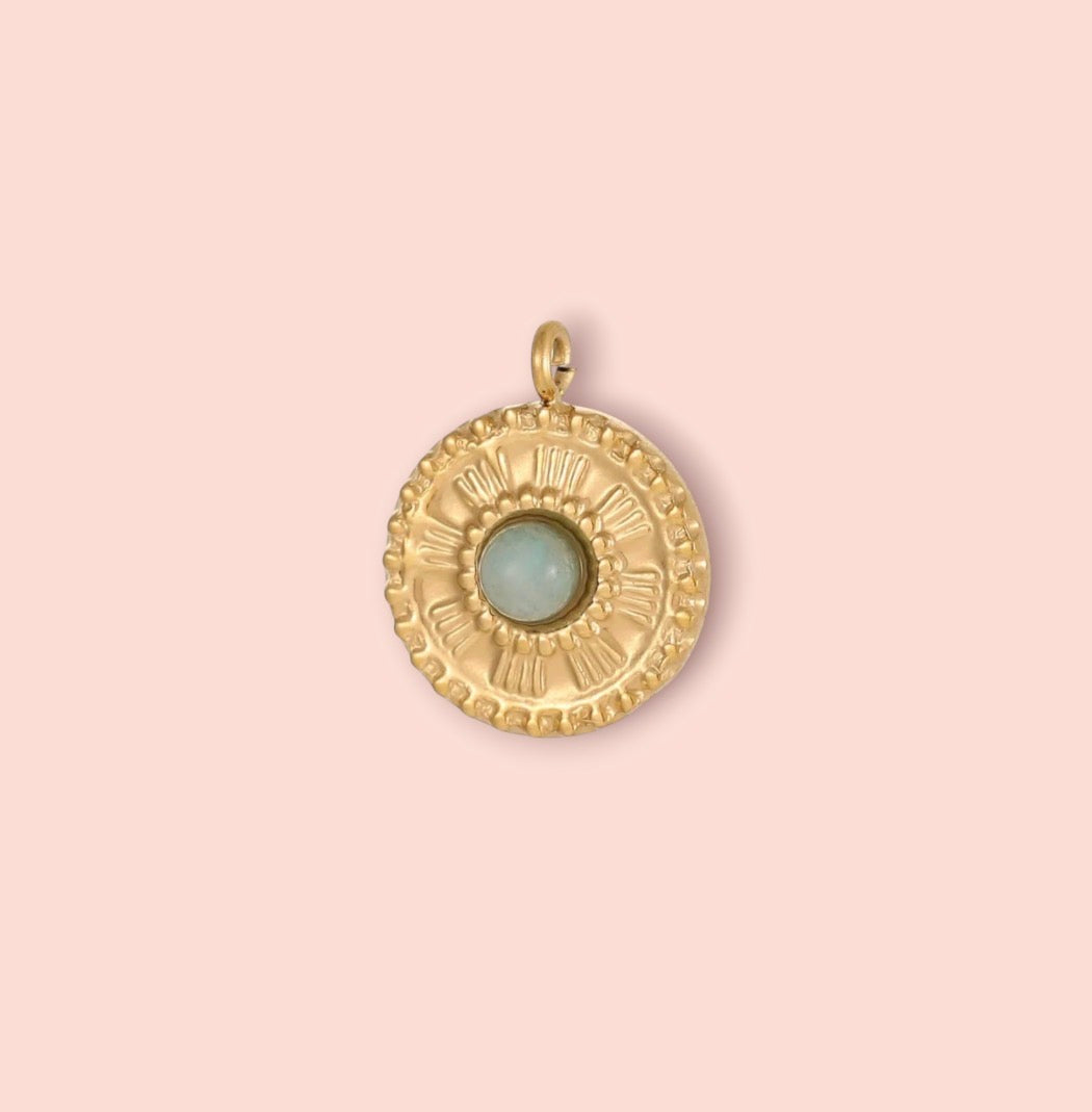 18K Gold Plated Round Jade green Stone Charm