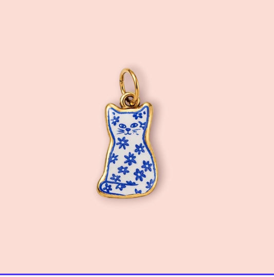 18K Gold Plated Hand painted blue & white cat Enamel Charm