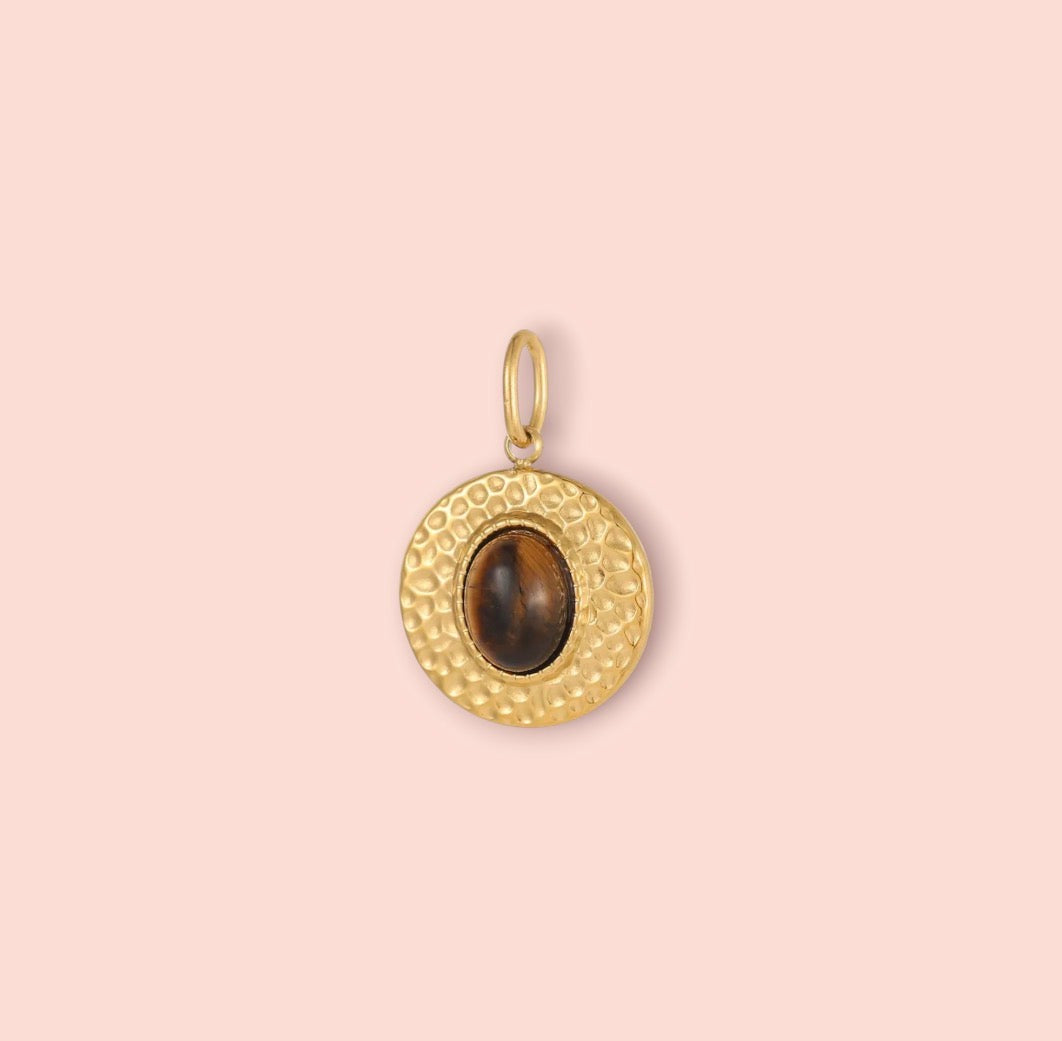 18K Gold Plated Oval Tigers Eye Stone Charm