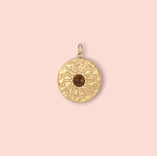 18K Gold Plated Round Tigers Eye Stone Charm