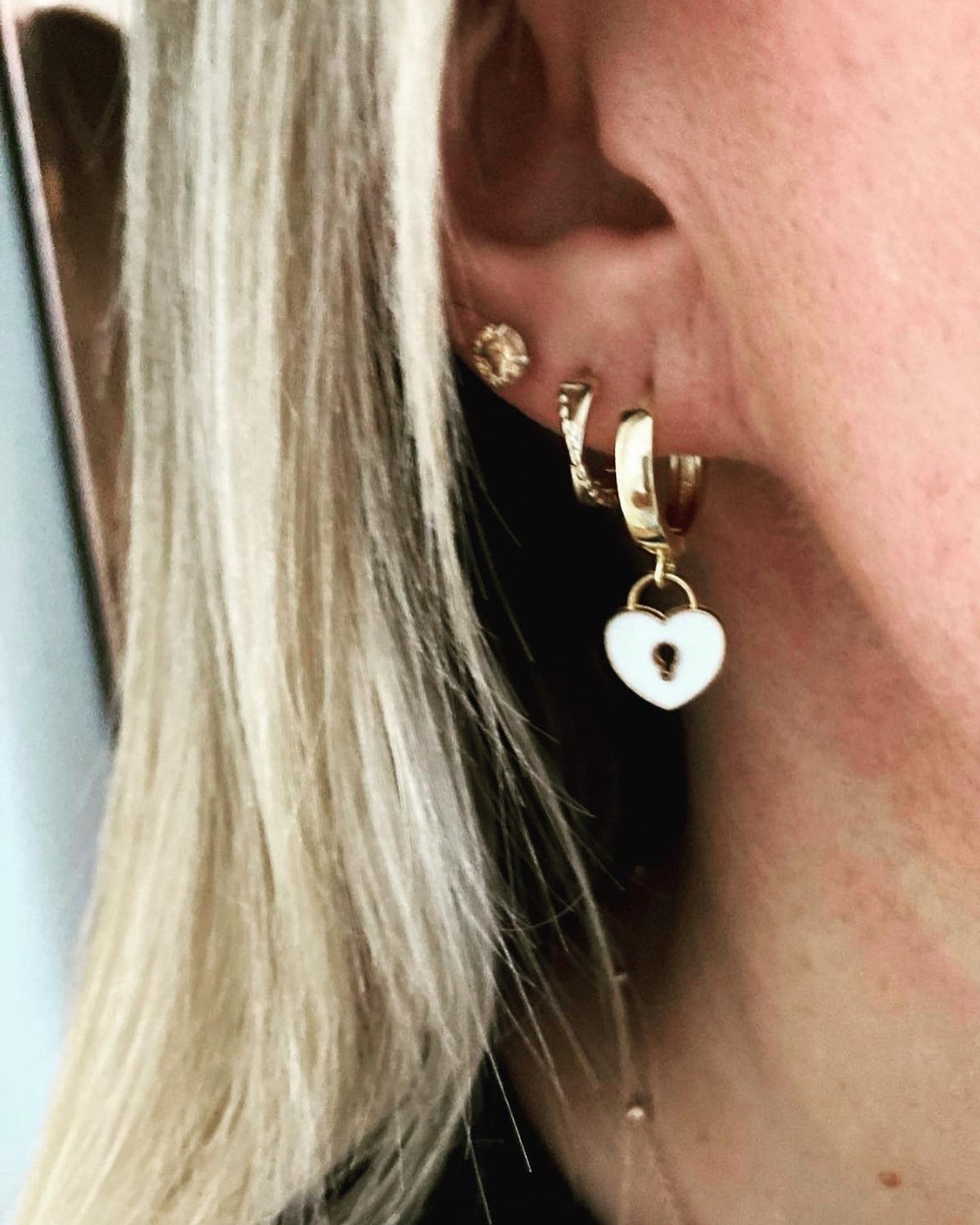18K Gold Plated Heart Huggies Hoop Earrings - Pink or Green Padlock charm
