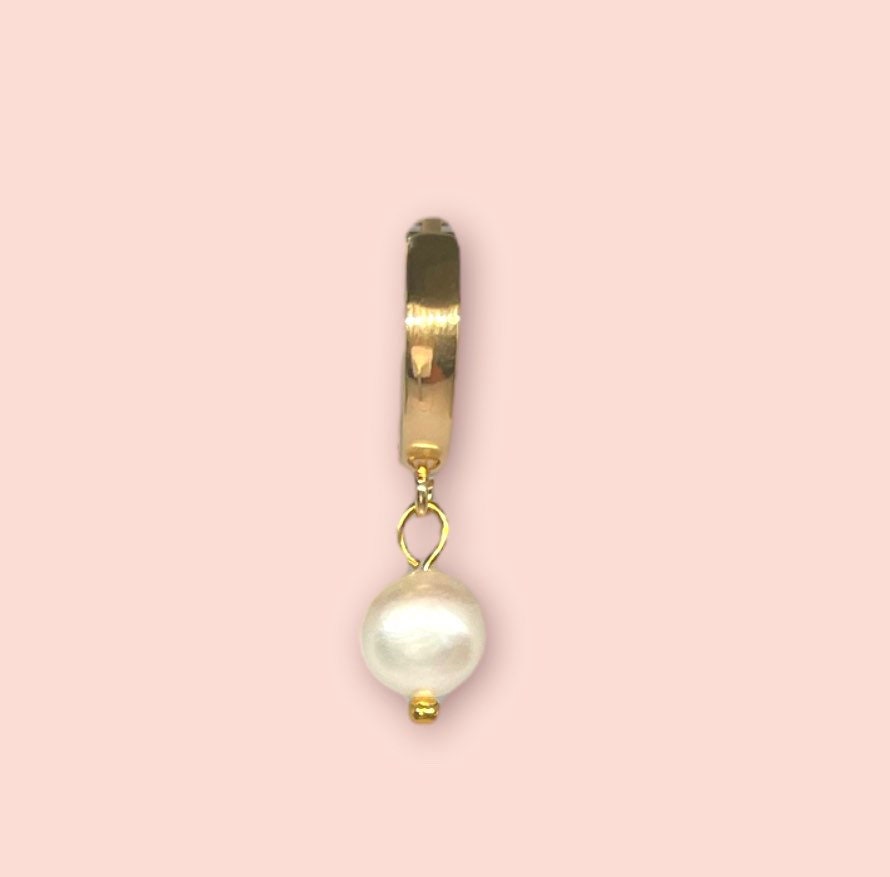 Classic 18K Gold Plated Huggies Hoop with Freshwater pearl drop Earrings Dangly