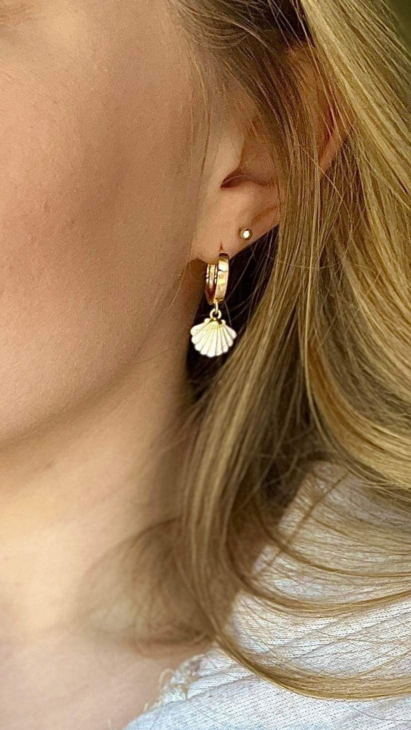18K Gold Plated White Scallop Shell Huggies Hoop Earrings