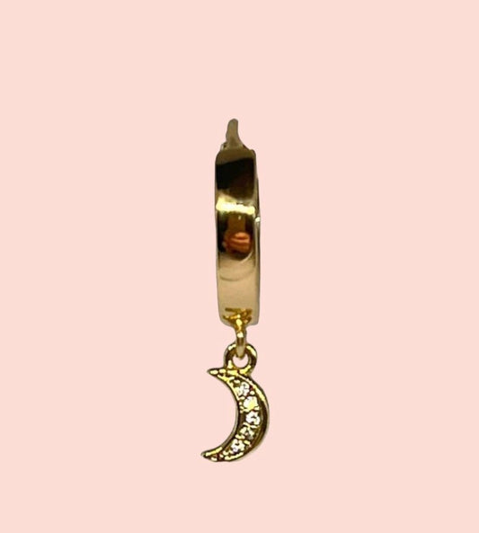 18K Gold Plated Huggies Hoop Earrings with cubic zirconia Moon dangly charm