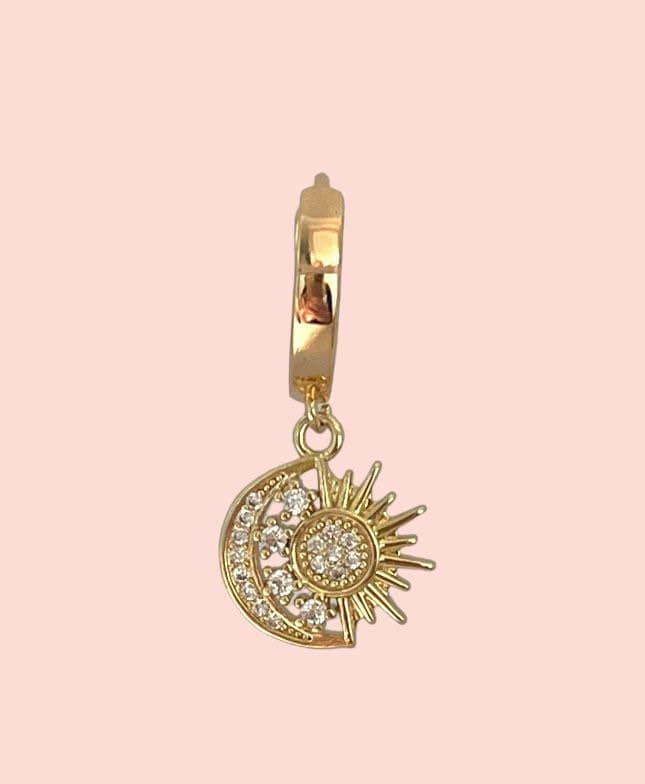 18K Gold Plated Huggies hoop Sun & Moon charm Celestial Earrings