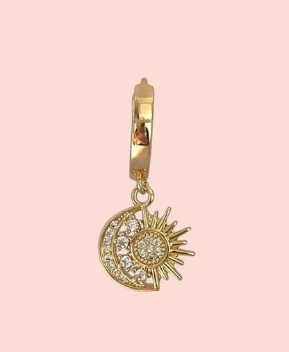 18K Gold Plated Huggies hoop Sun & Moon charm Celestial Earrings