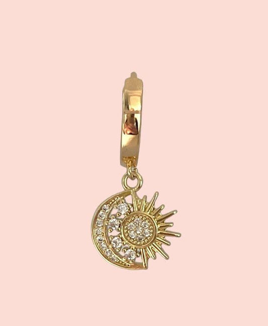 18K Gold Plated Huggies hoop Sun & Moon charm Celestial Earrings