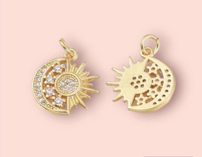 18K Gold Plated Huggies hoop Sun & Moon charm Celestial Earrings