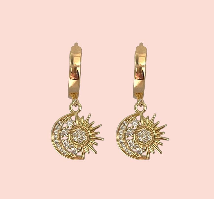 18K Gold Plated Huggies hoop Sun & Moon charm Celestial Earrings
