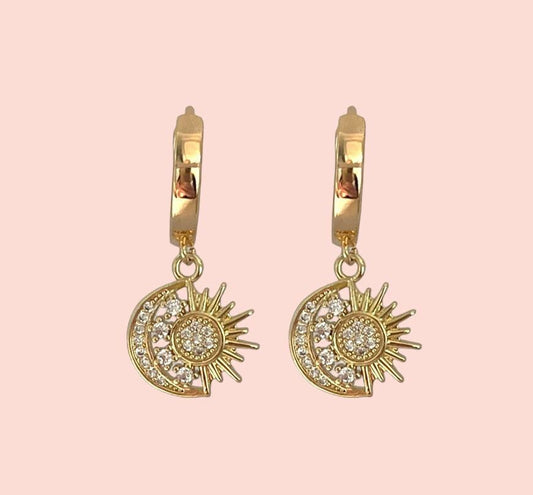 18K Gold Plated Huggies hoop Sun & Moon charm Celestial Earrings