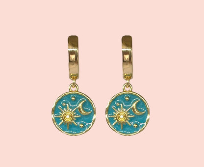 18K Gold Plated Huggies hoop Sun & Moon charm turquoise blue green disc Celestial Earrings