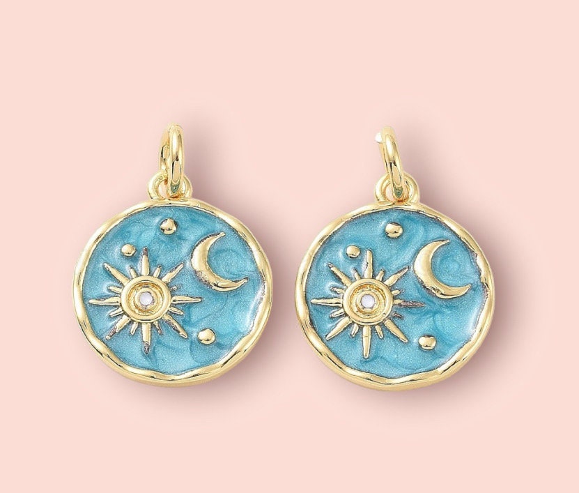 18K Gold Plated Huggies hoop Sun & Moon charm turquoise blue green disc Celestial Earrings