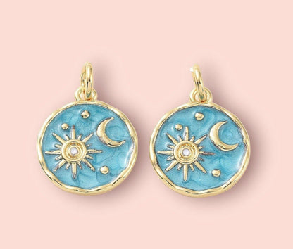 18K Gold Plated Huggies hoop Sun & Moon charm turquoise blue green disc Celestial Earrings