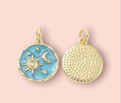18K Gold Plated Huggies hoop Sun & Moon charm turquoise blue green disc Celestial Earrings