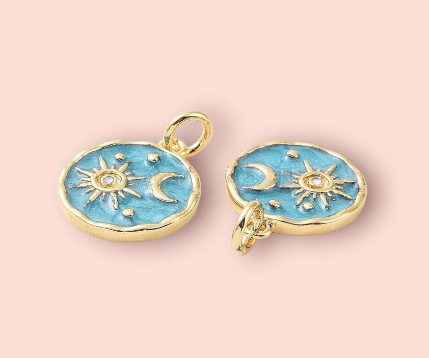 18K Gold Plated Huggies hoop Sun & Moon charm turquoise blue green disc Celestial Earrings