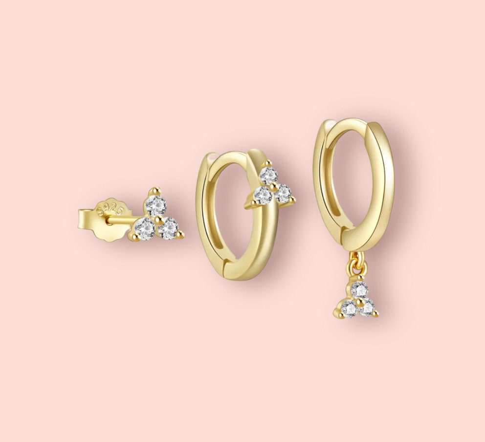 Triple Stacking set - 18K Gold Plated Huggies hoops & stud 6 piece stacking set ~ cubic zirconia stone charm earrings
