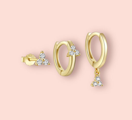 Triple Stacking set - 18K Gold Plated Huggies hoops & stud 6 piece stacking set ~ cubic zirconia stone charm earrings