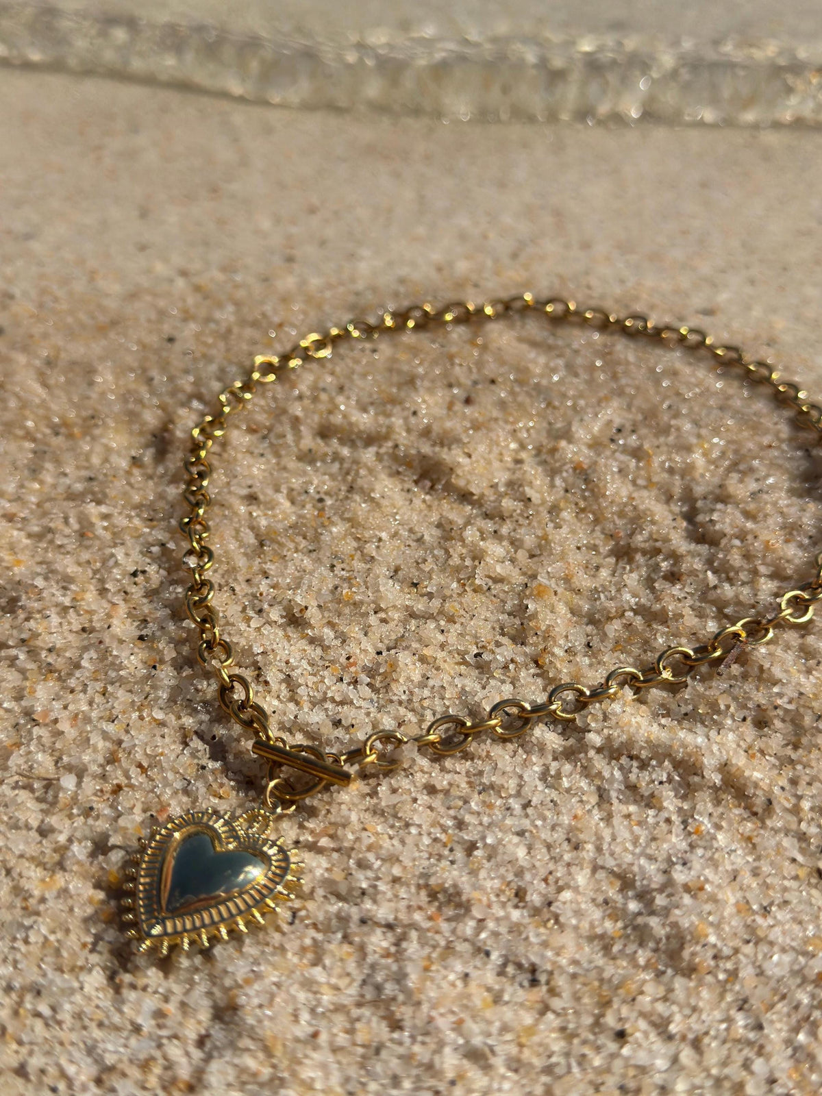18K Gold Plated T Bar Heart Charm Waterproof Necklace Chain
