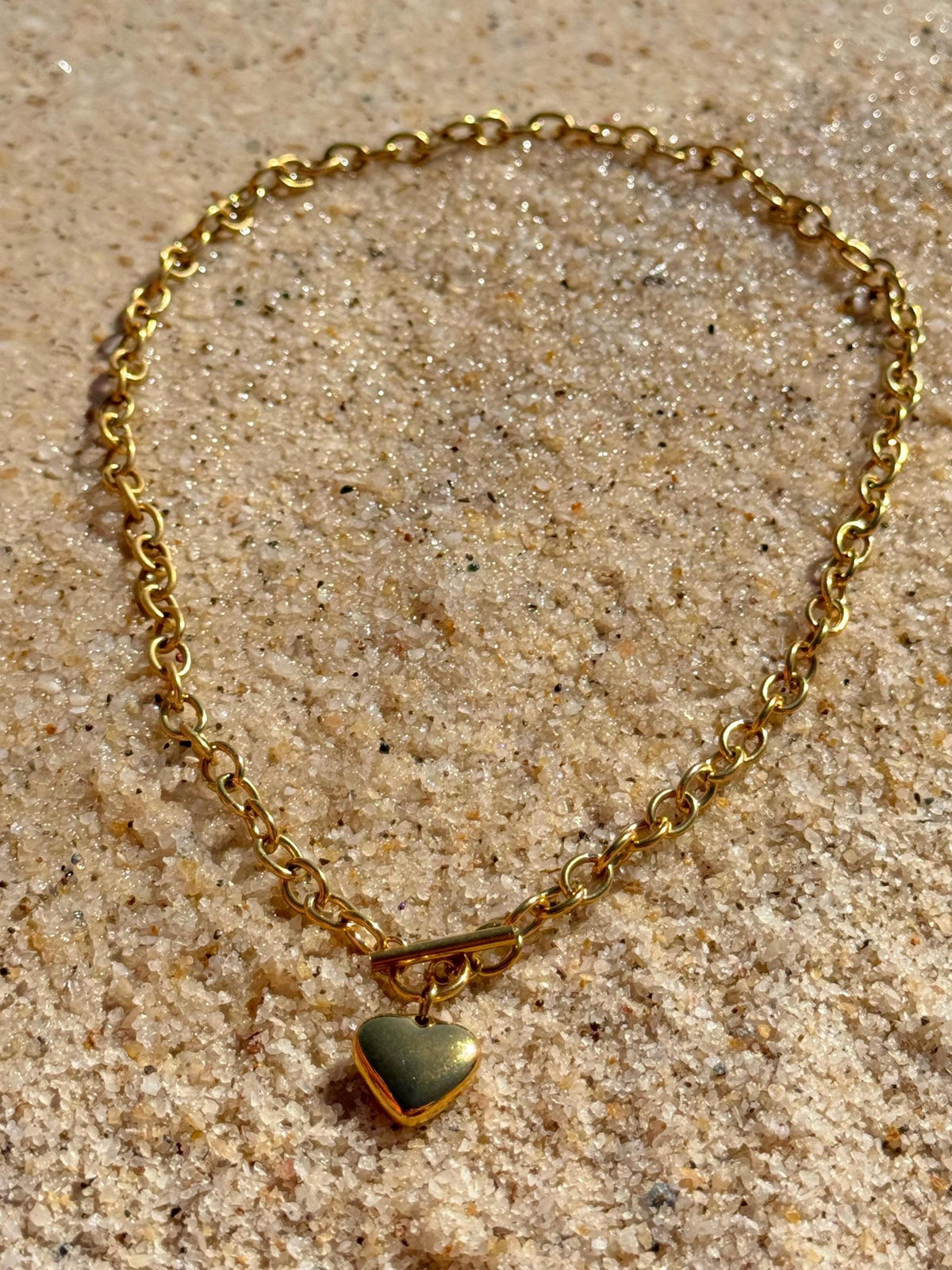 18K Gold Plated T Bar Solid Heart Charm Waterproof Necklace Chain