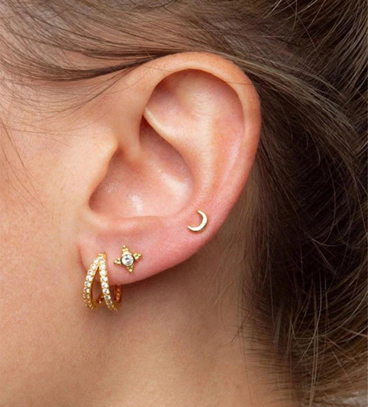 18K Gold plated Cubic Zirconia Clear Gem Sparkle Double 9mm mini Hoop Earrings