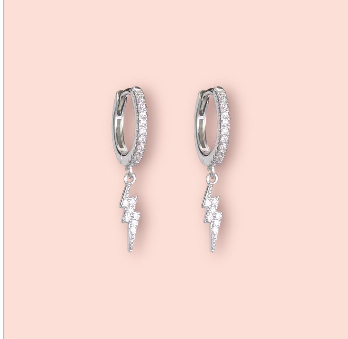 925 Sterling Silver Lightning Bolt Charm Huggies 11mm Hoop Cubic Zirconia Gem Earrings dangly