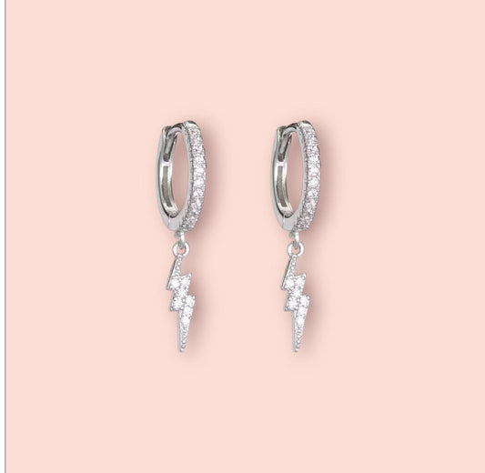925 Sterling Silver Lightning Bolt Charm Huggies 11mm Hoop Cubic Zirconia Gem Earrings dangly