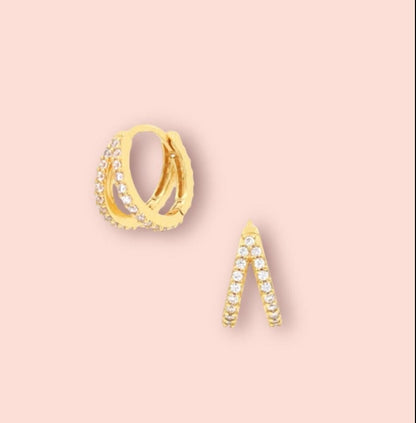18K Gold plated Cubic Zirconia Clear Gem Sparkle Double 9mm mini Hoop Earrings