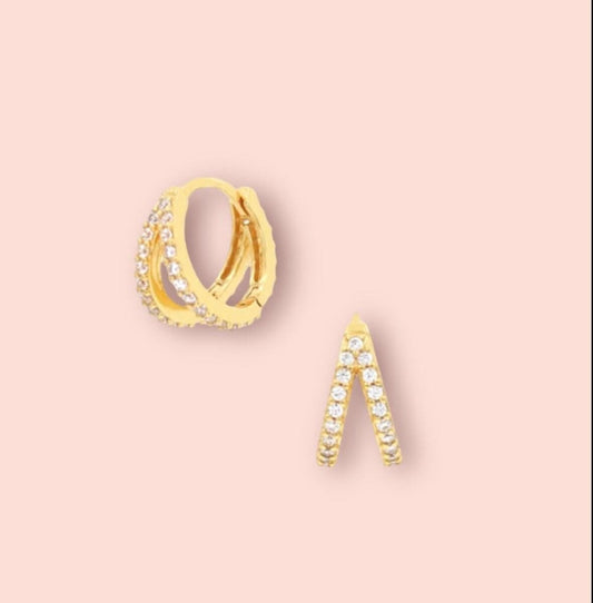 18K Gold plated Cubic Zirconia Clear Gem Sparkle Double 9mm mini Hoop Earrings
