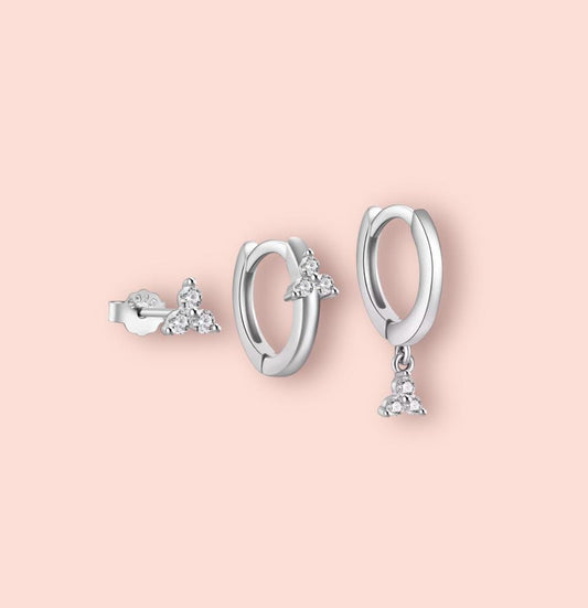 925 Sterling Silver Triple Stacking Set!Huggies hoops & stud 6 piece stacking set ~ cubic zirconia stone charm earrings